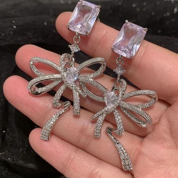 Trendy bow drop earrings A452 - Picture 4 of 8